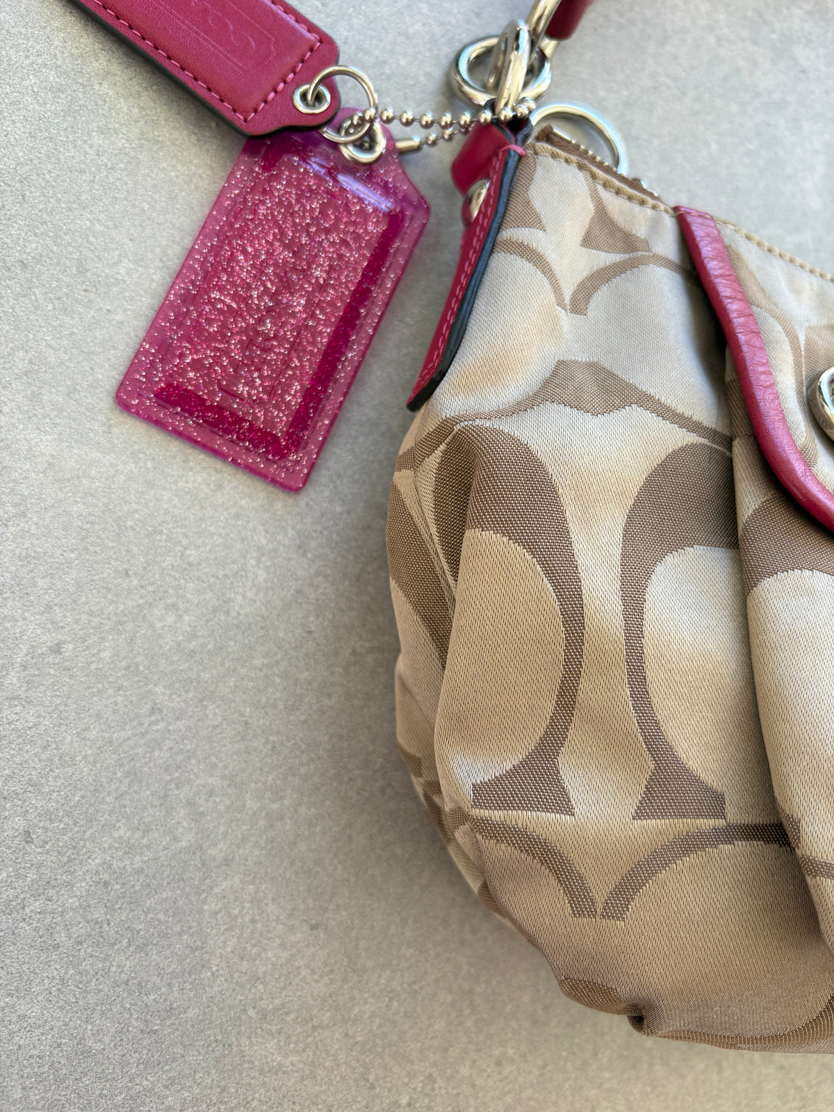 Coach Poppy Pink and Beige Monogram Shoulder Bag