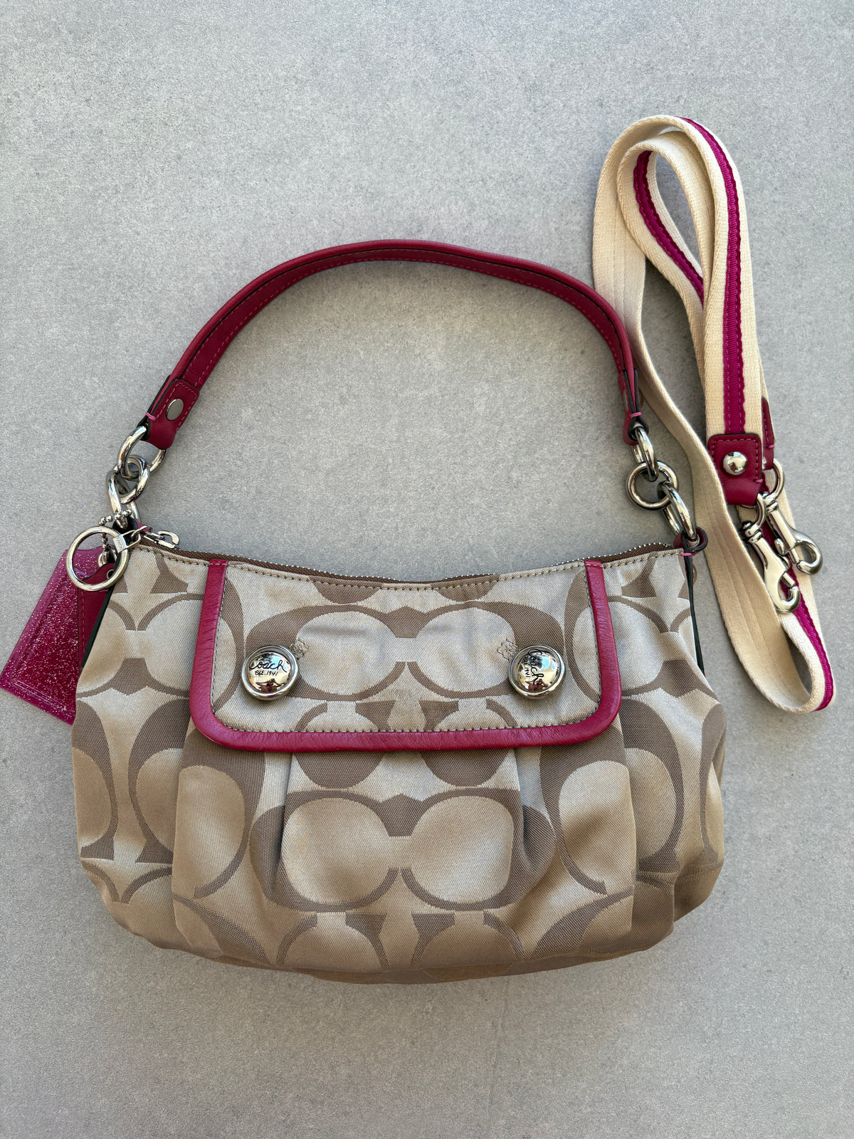 Coach Poppy Pink and Beige Monogram Shoulder Bag